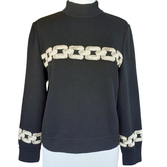 ST. JOHN Black Mock Neck Sweater Metallic Chain Pattern Santana Knit Top - Picture 1 of 11